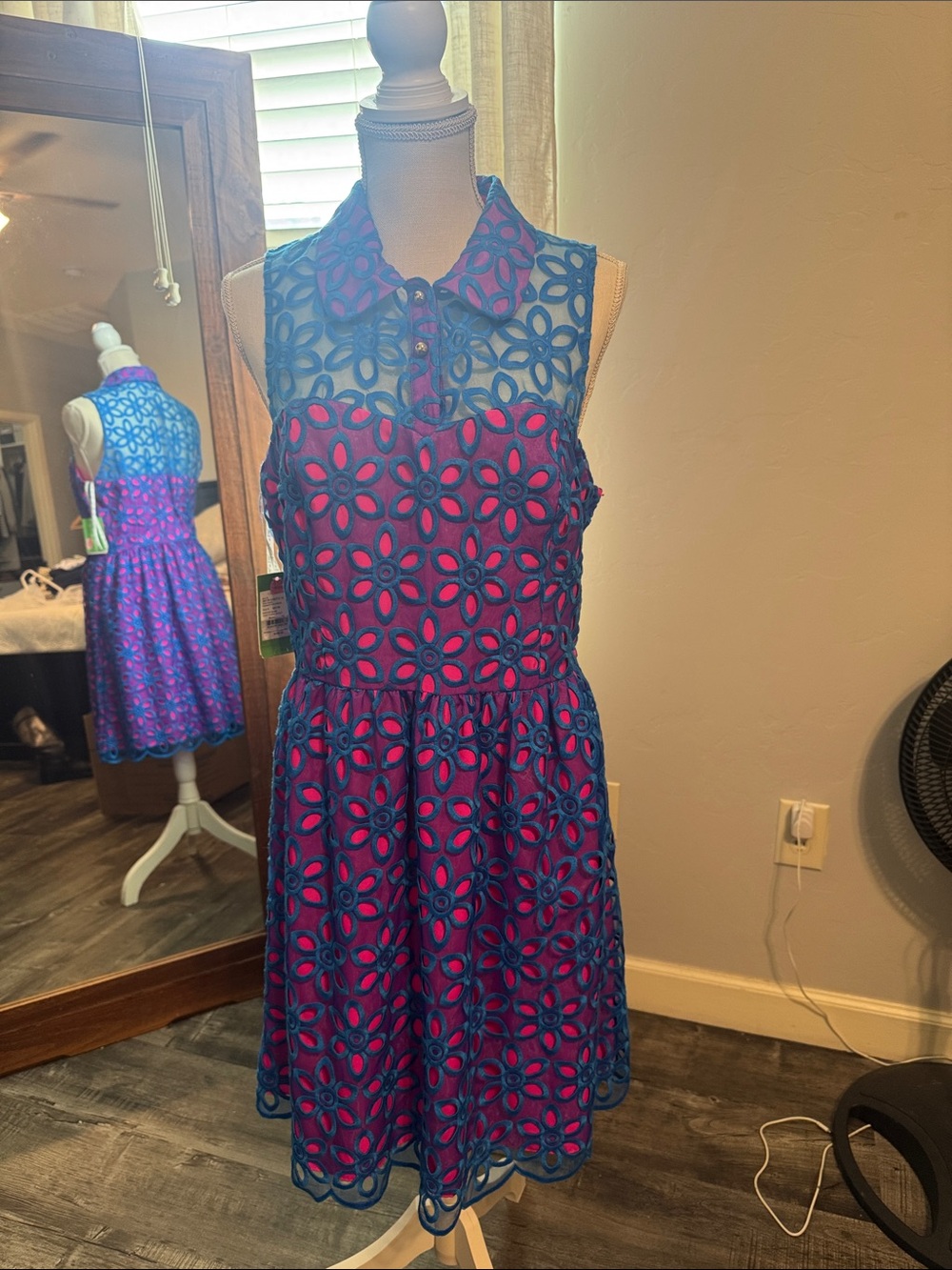 Lilly Pulitzer Blue Lace Overlay Dress with Pink Lining